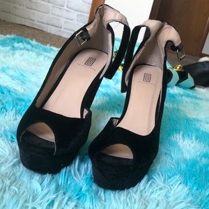 Black velvet wedge heel